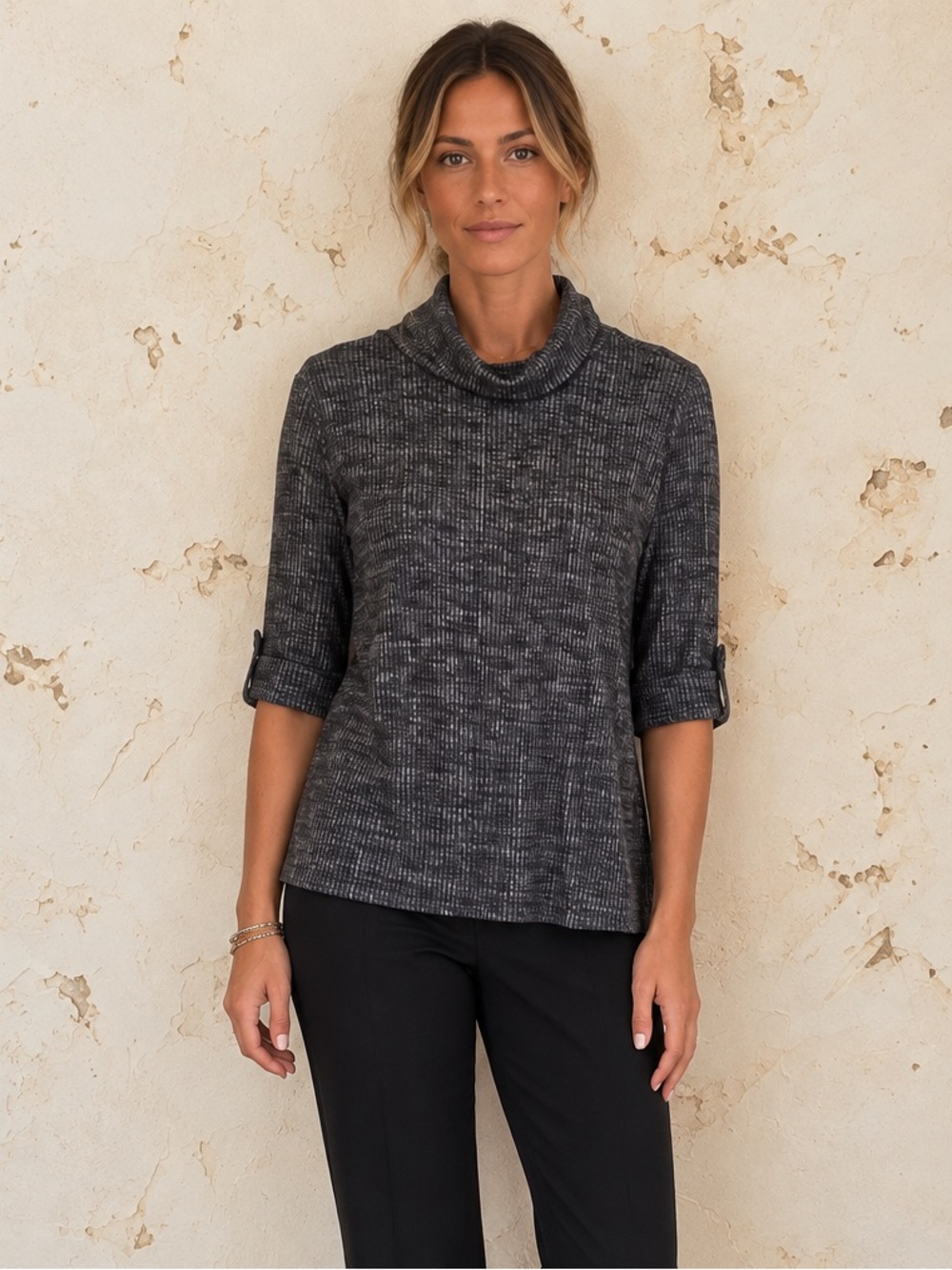 Cato Gray Ribbed Cowl Turtle Neck Tunic Top M Button Sleeve